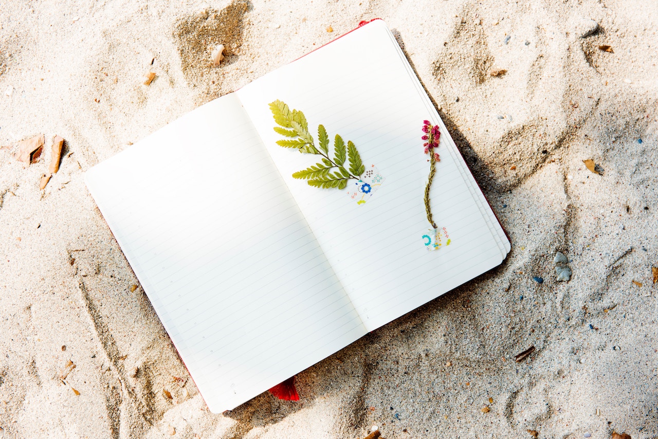 Blank journal on sand. Pages with leaves.