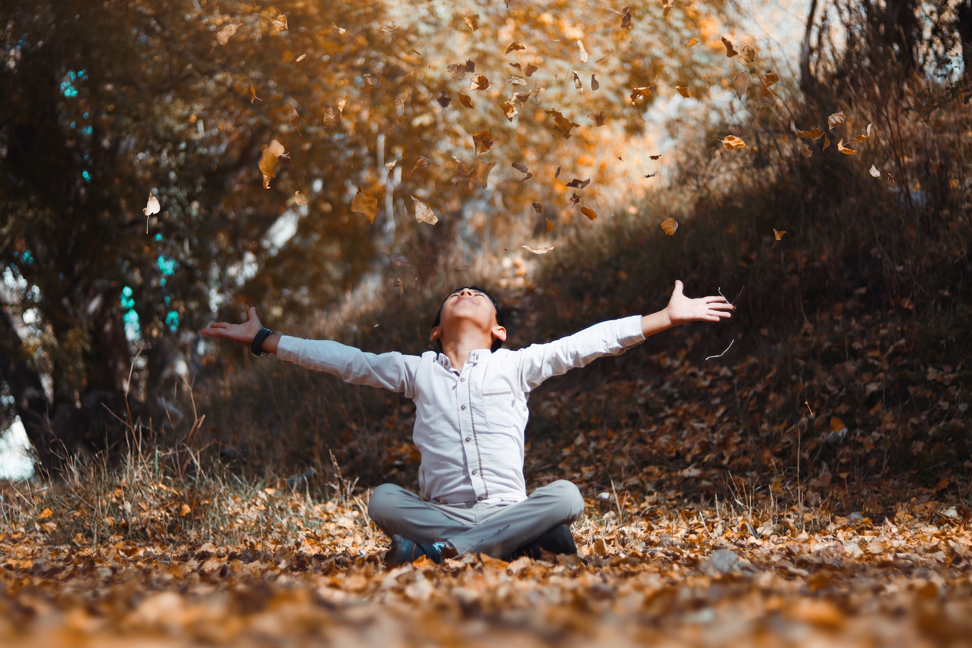 Boy sitting crosslegged on the ground throwing a pile of fall leaves into the air