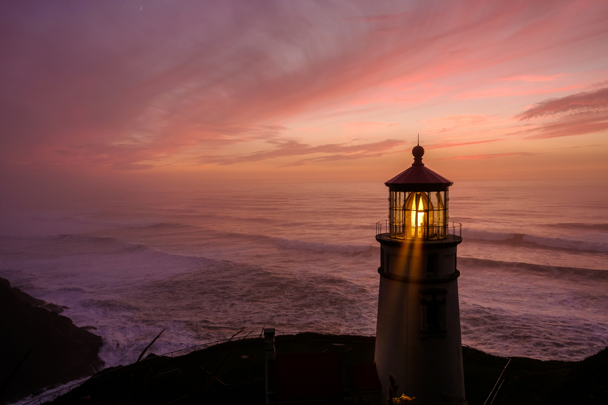 Heceta Head Lighthouse at sunset, Pacific coast, built in 1892, Oregon, USA