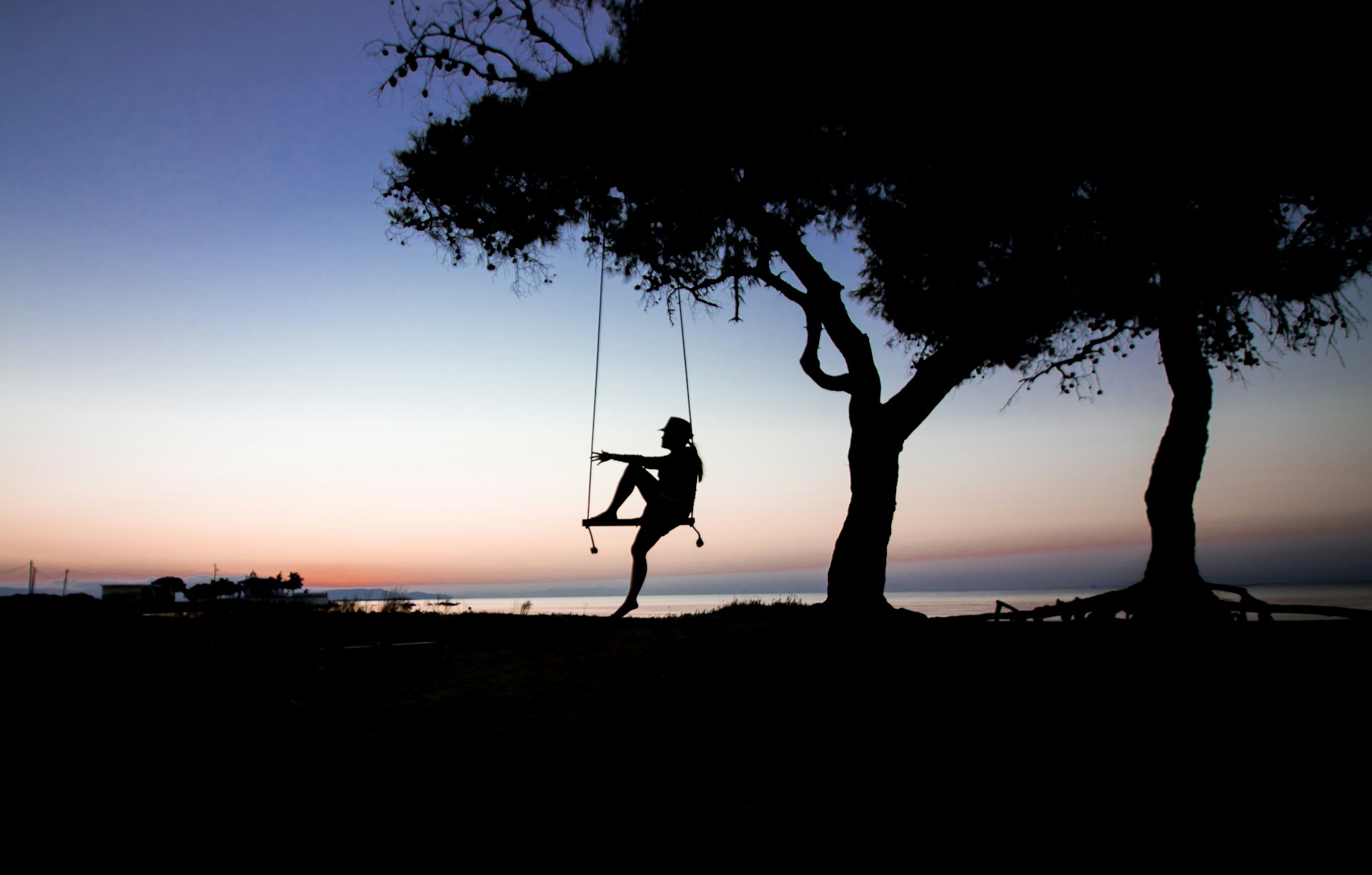 Silhouette of person on a tree swing at sunset