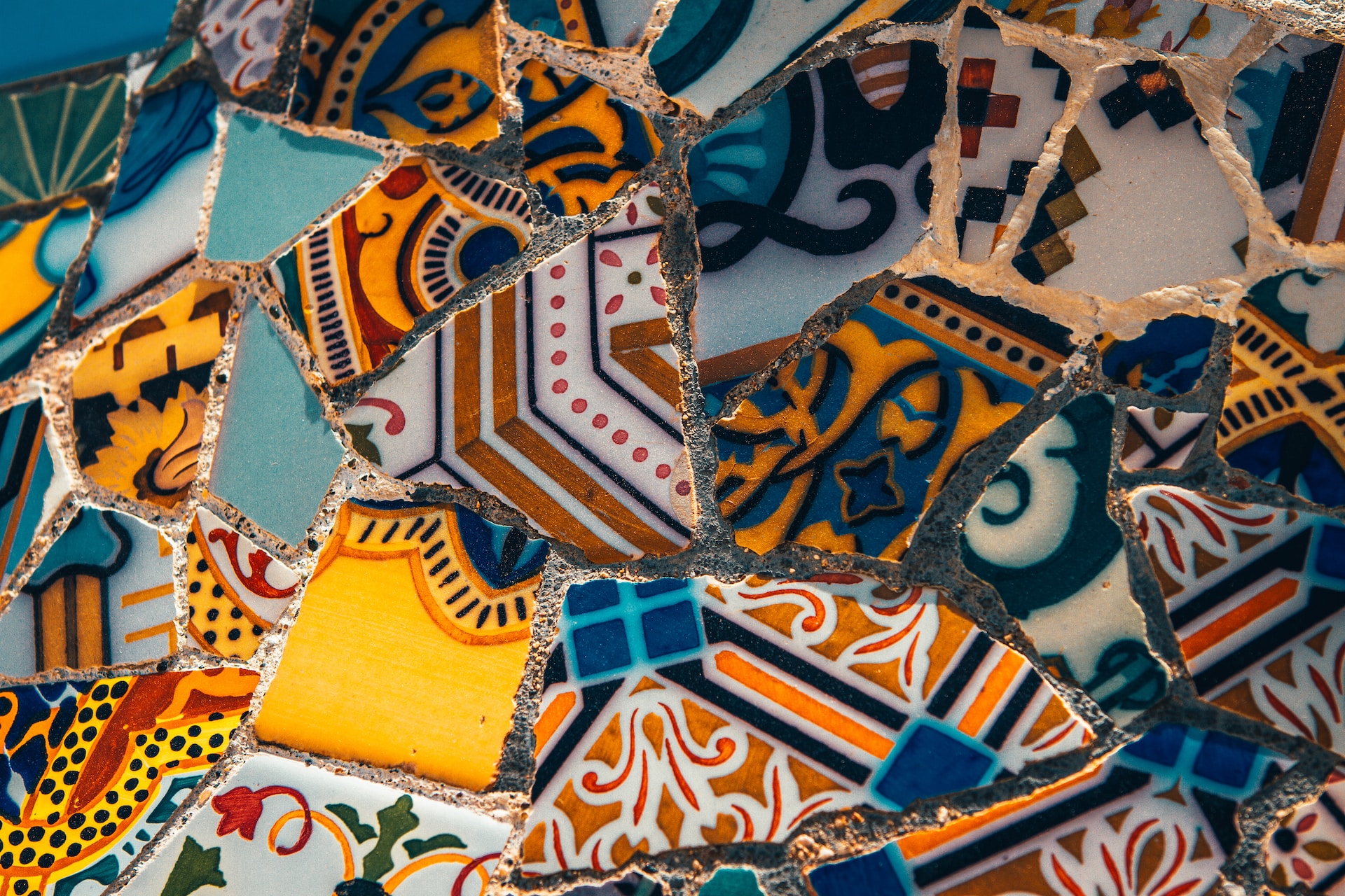 Mosaic made of colorful patterned bits of tile