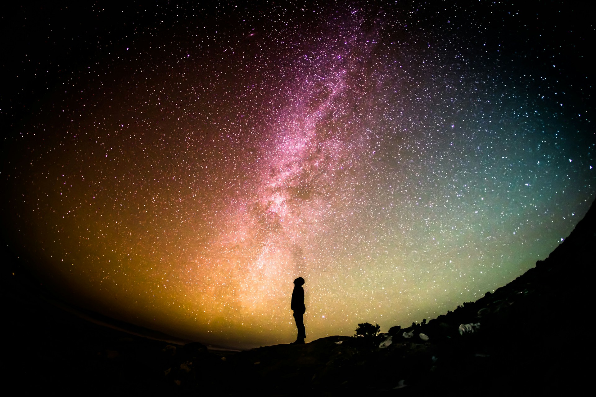 Person looking up at the night sky filled with stars