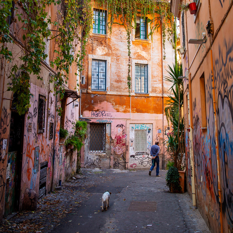 man and small dog walking through small alley with faded orange walls covered in ivy and graffiti