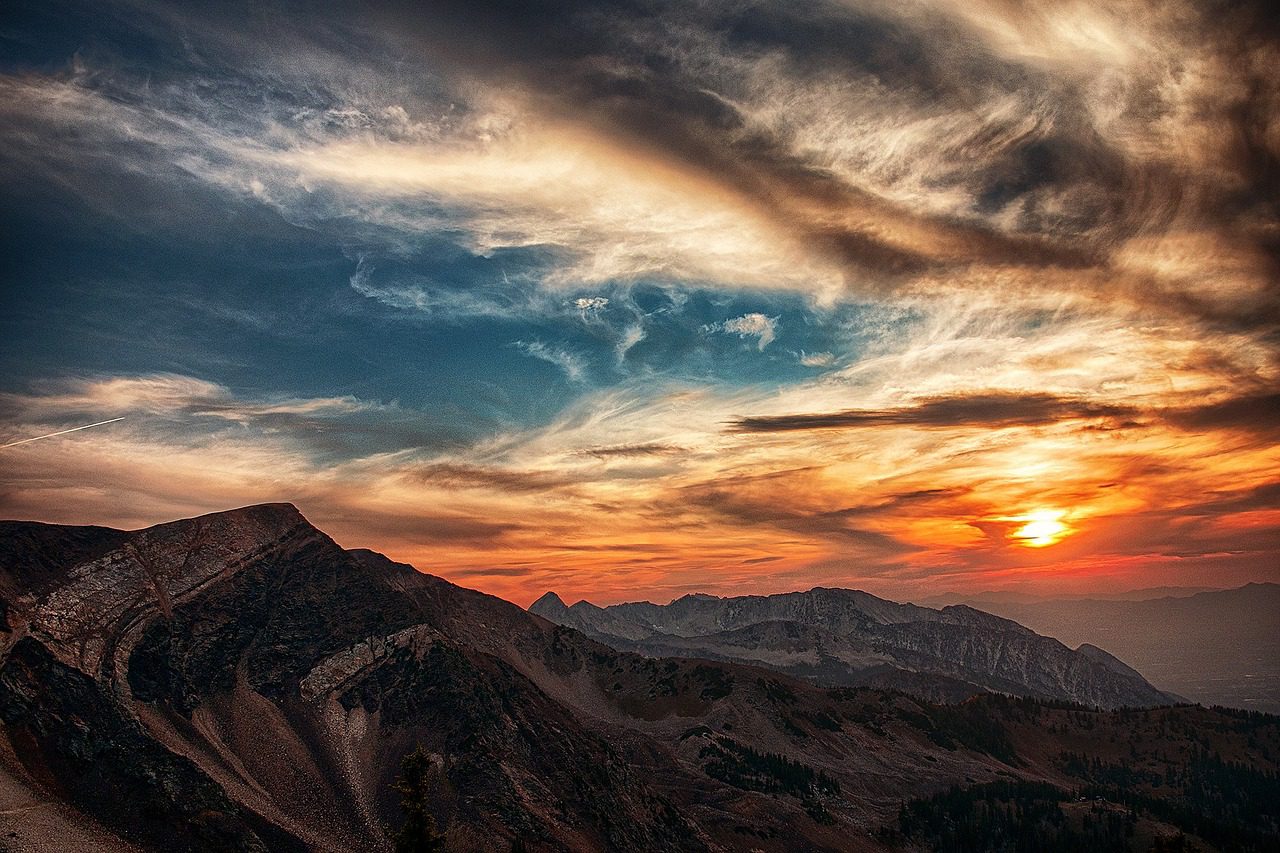 sunset, blue, orange, mountain