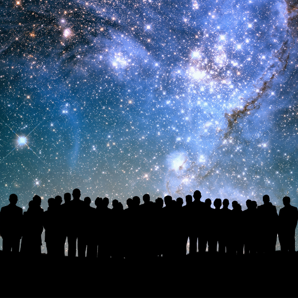 Silhouetted group of people standing and looking at night sky with bright stars
