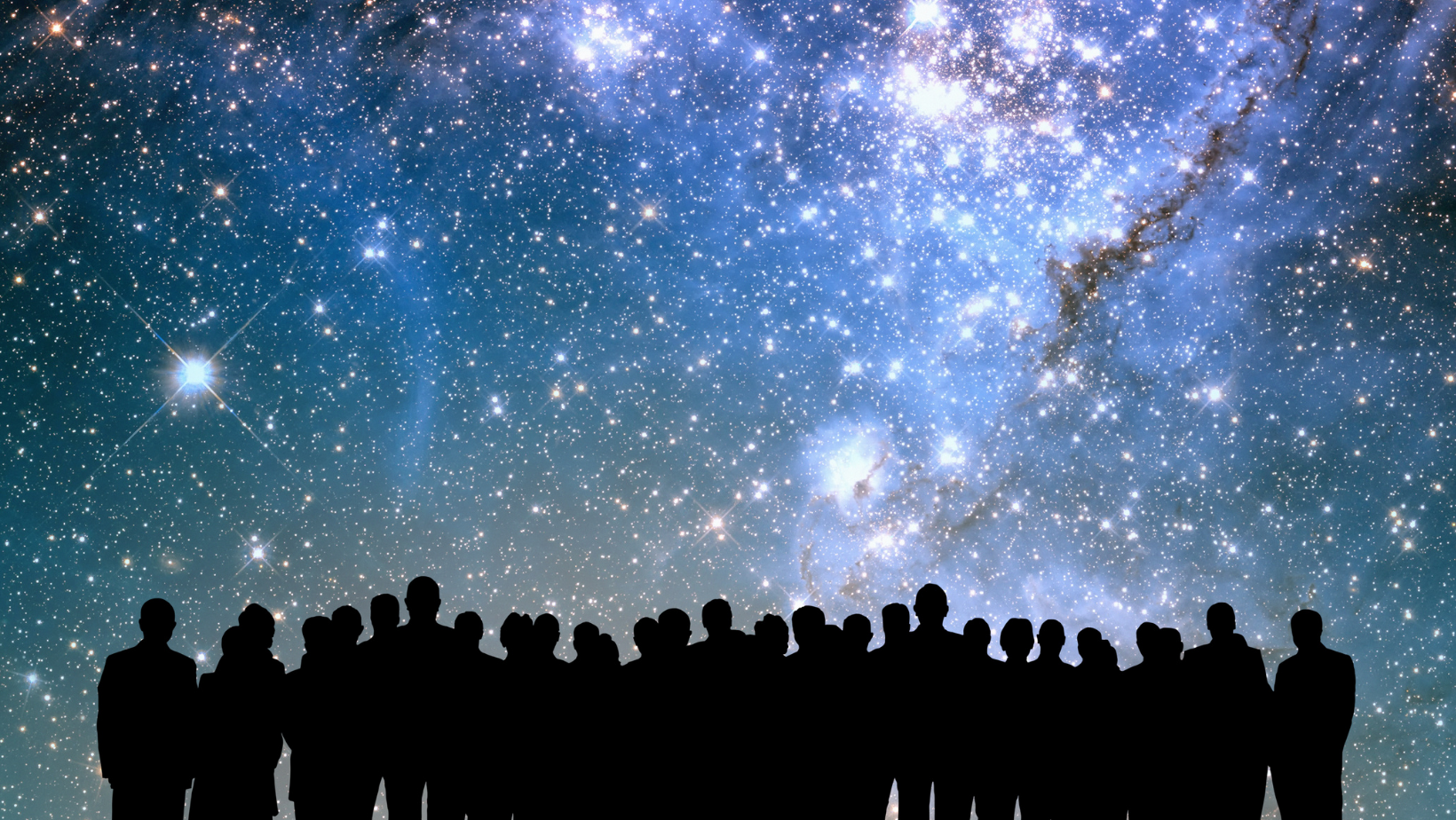 Silhouetted group of people standing and looking at night sky with bright stars